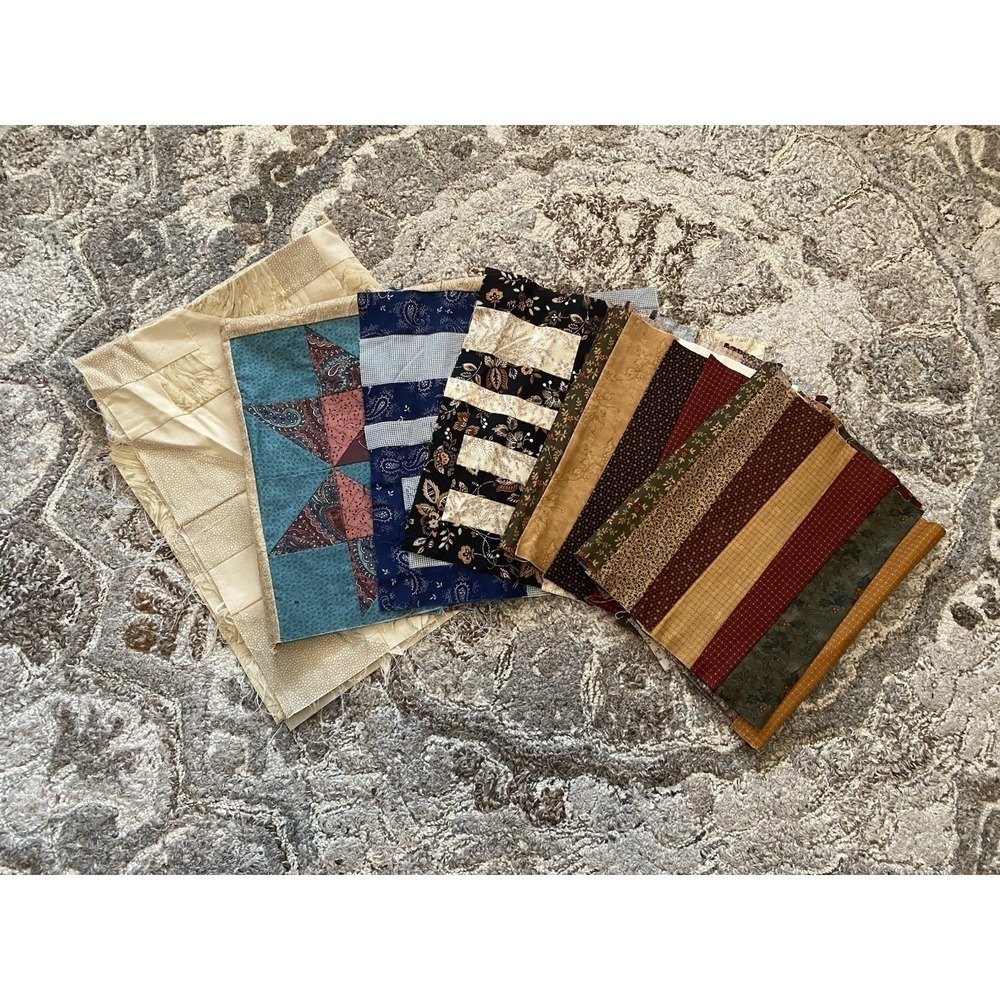 Quilt Scraps Lot Pieces Pieced Bundle Variety Scrap Handmade Brown Blue Red Vtg